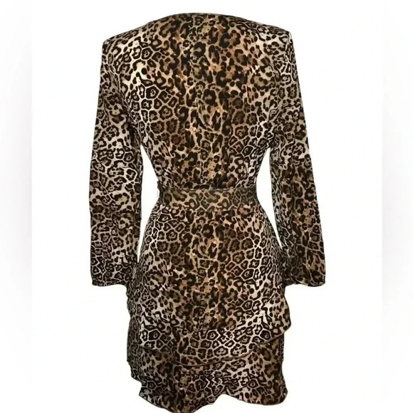 Huguest Leopard Ruffle Deep Drop Neckline Mini Dress with Belt Tie - Picture 4 of 9